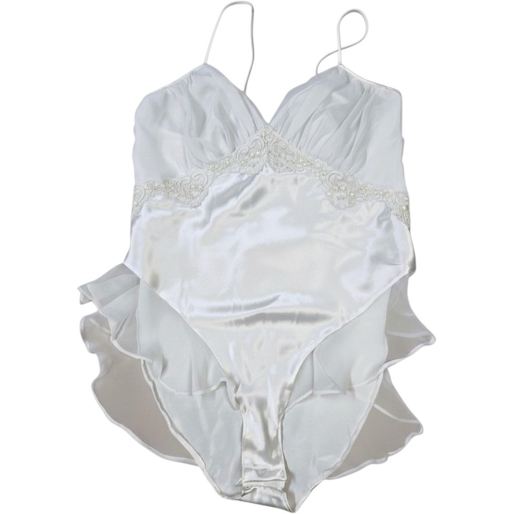 Women's VTG Victoria's Secret Medium White Satin Lace Bodysuit Lingerie